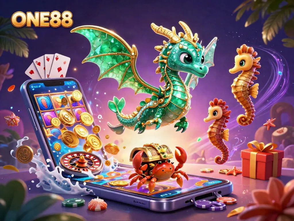 Engage with ONE88's vibrant casino scene featuring a 3D cartoon sea dragon and rich game elements.