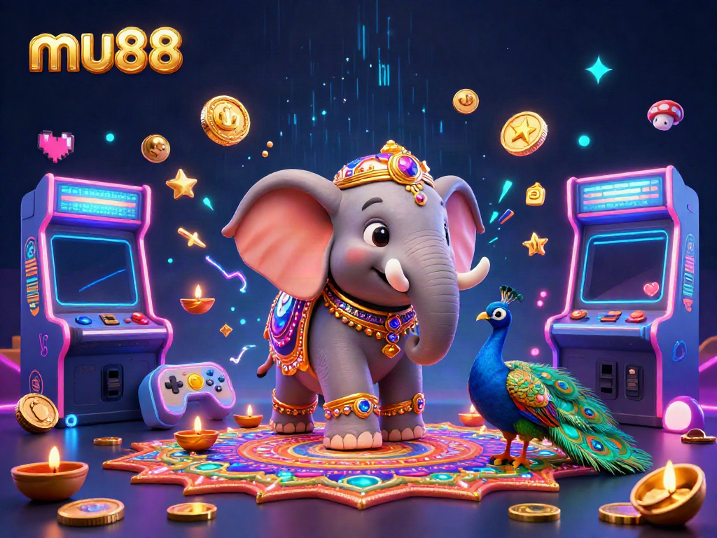 Spin and win at mu88's vibrant casino with an elephant, peacock, and gaming machines.