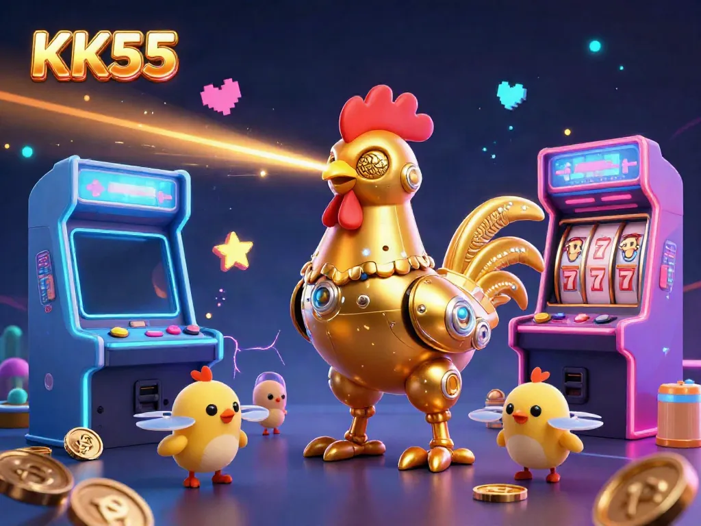 Engage with the exciting world of KK55's golden rooster robot shooting lasers amidst a vibrant gaming scene.
