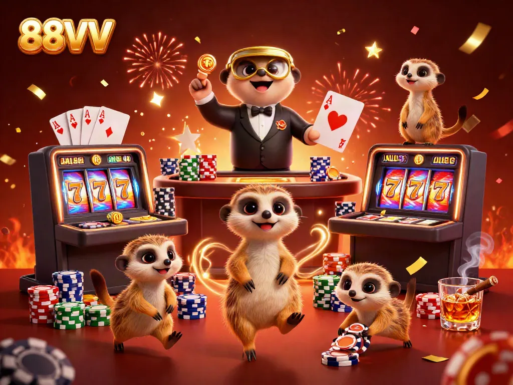 88VV meerkats in a casino setting with slot machines and vibrant colors creating an energetic atmosphere
