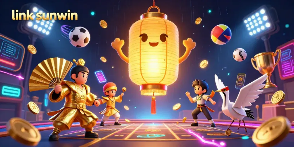 Experience the vibrant link sunwin scene with glowing lantern spirits amidst thrilling casino elements.