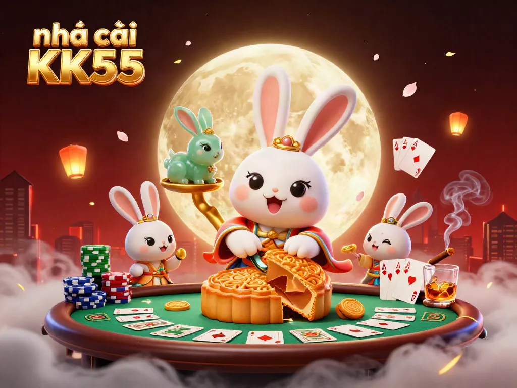Engage with Nhà cái KK55 through a vibrant 3D illustration of a moon rabbit at a casino.