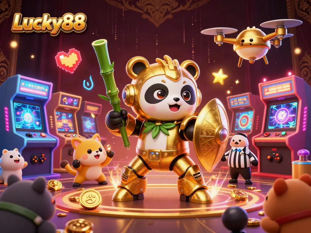 Lucky88 gaming scene featuring a panda in a mech-suit battling in a vibrant casino arena.