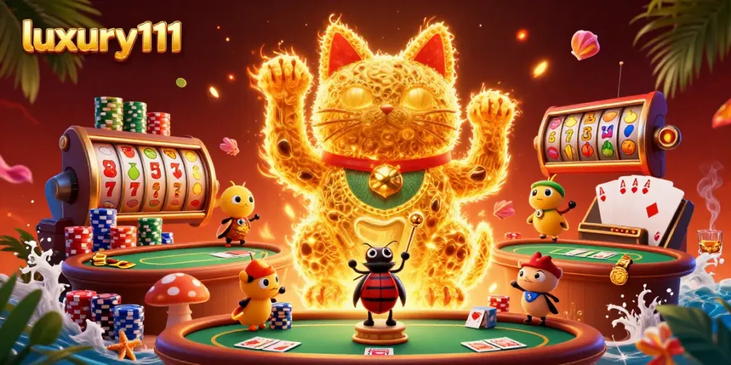 Engage with luxury111's dynamic gaming scene: a lucky cat, poker chips, and vibrant casino symbols.