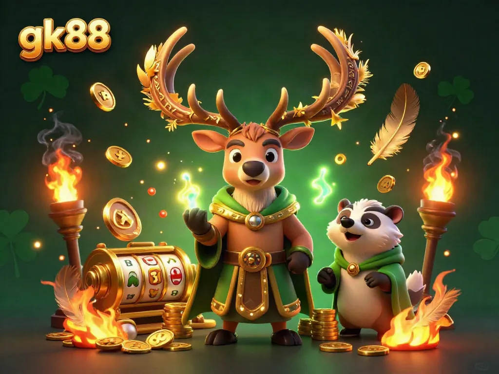 Experience the thrill of gk88 with a dynamic 3D scene showcasing mythical characters and vibrant casino elements.