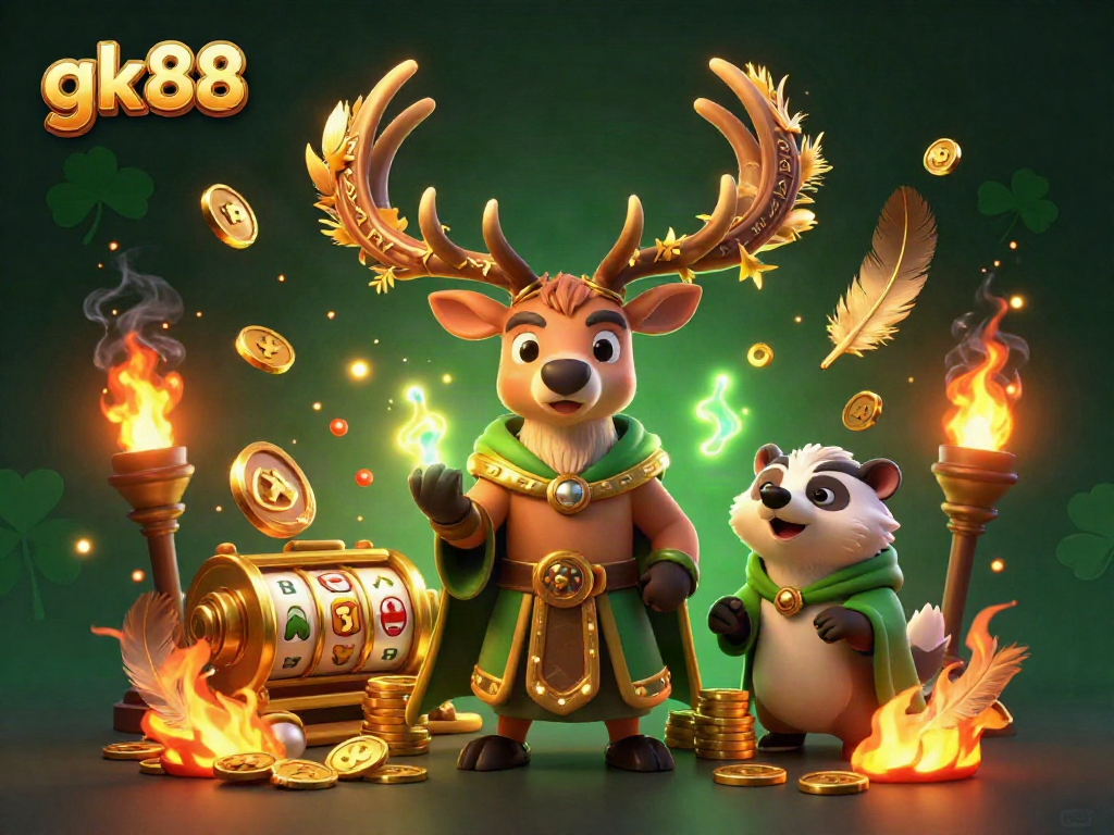 Experience the thrill of gk88 with a dynamic 3D scene showcasing mythical characters and vibrant casino elements.