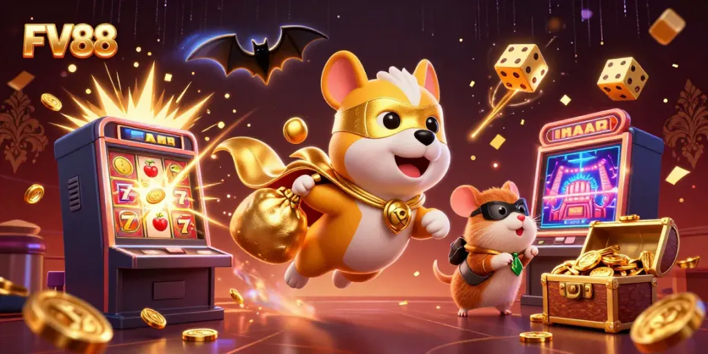 Experience the excitement of FV88 with a vibrant casino atmosphere featuring a superhero dog and a hamster.