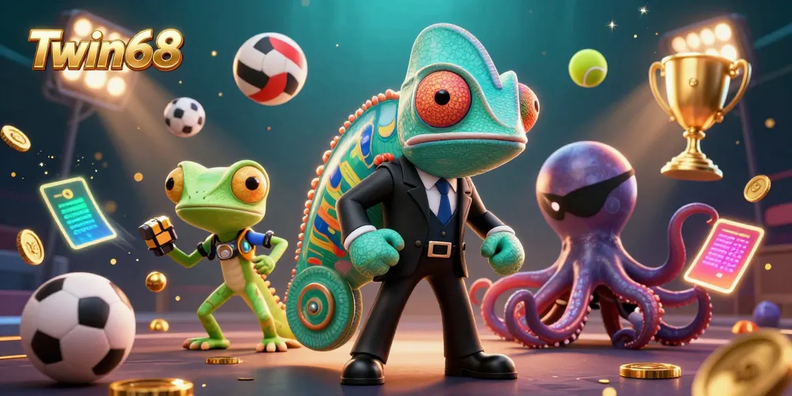 Twin68 showcases an exciting scene with a chameleon, gecko, and octopus amidst dynamic gaming elements.