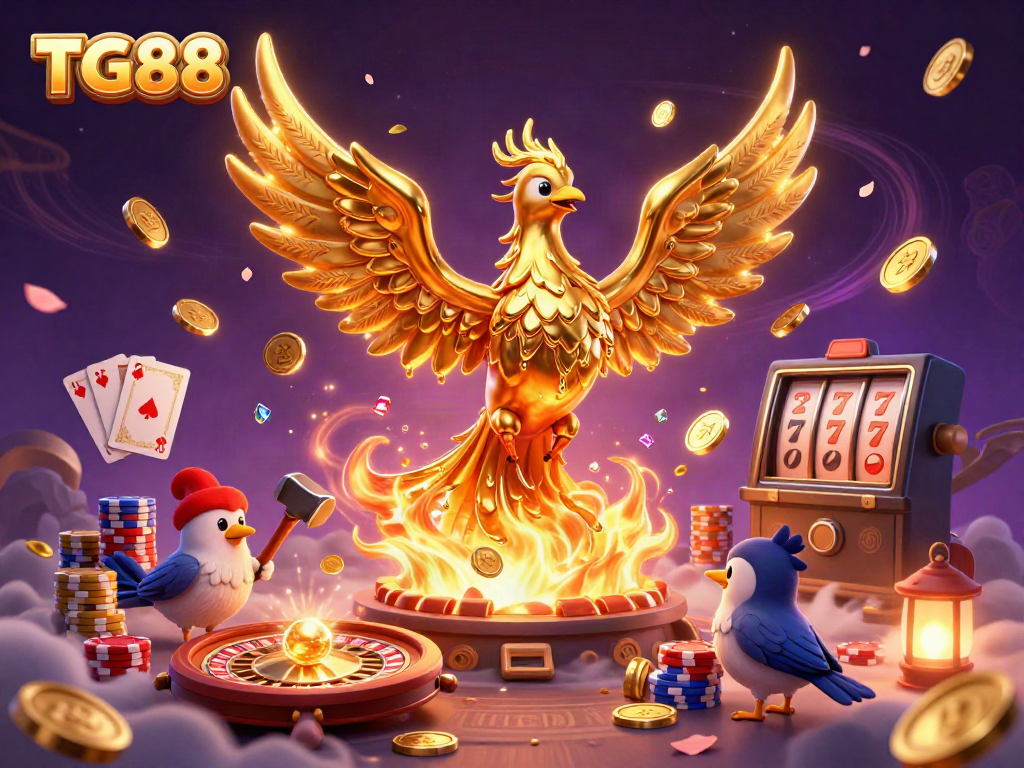 Engage with TG88's dynamic casino scene filled with gold coins, games, and enchanting elements.