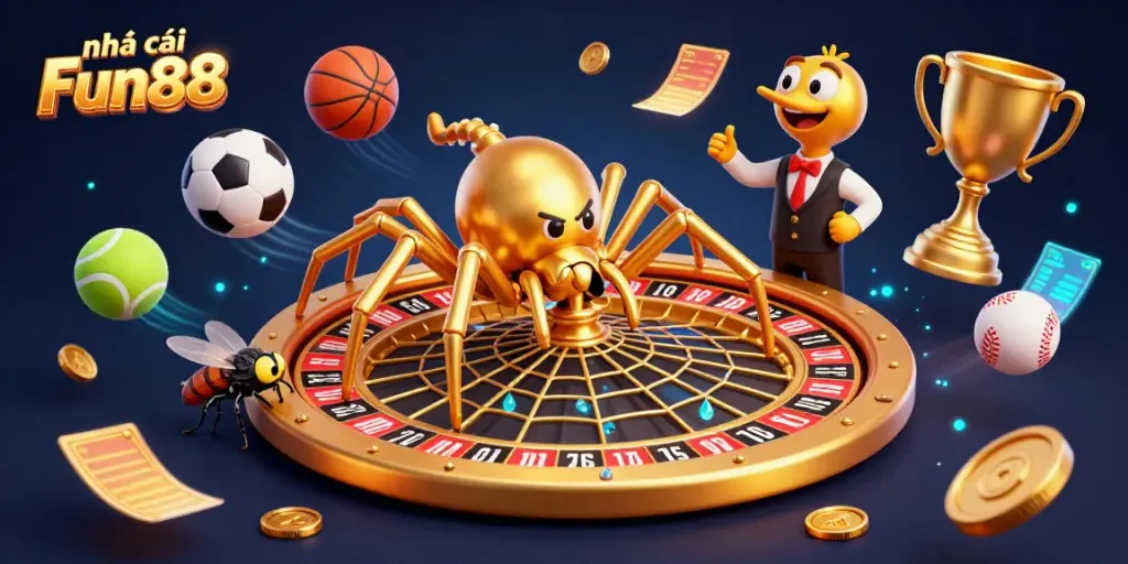 Experience the excitement with nhà cái Fun88 as a golden spider spins a roulette wheel web, surrounded by sports elements.