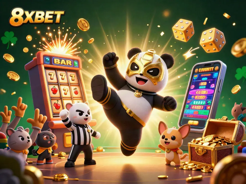 Experience the excitement of 8XBET with a colorful jackpot scene featuring lively characters and casino elements.