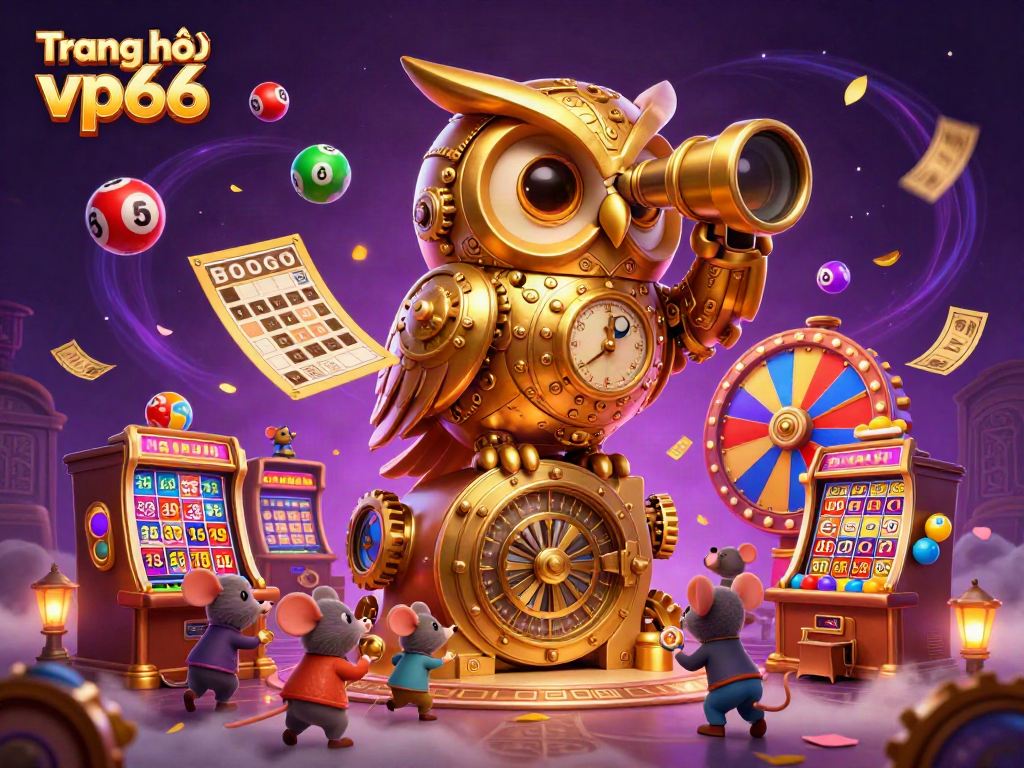 Experience the exciting casino atmosphere at Trang chủ vp66 with a dynamic illustration featuring a golden owl and playful mice.