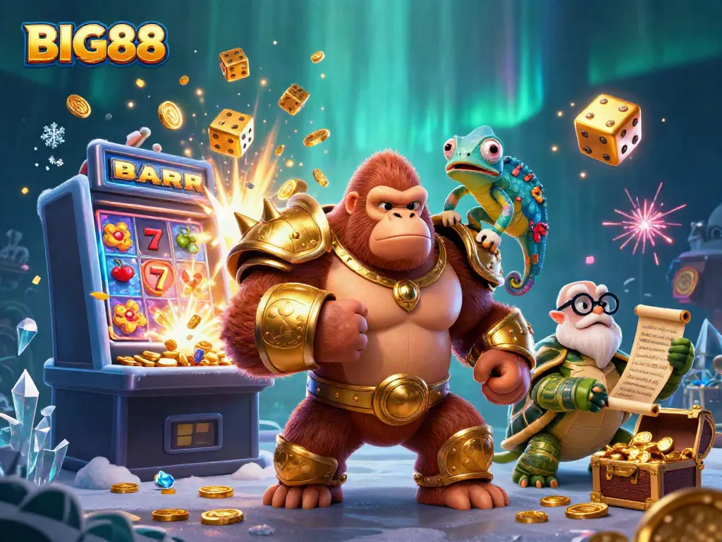 Experience BIG88 excitement with a dynamic scene featuring a gorilla king and casino elements.