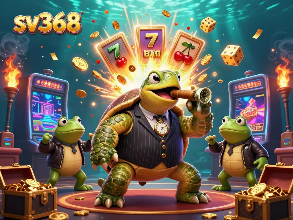 Experience top-tier gaming thrills at sv368 with a vibrant casino scene featuring a snapping turtle and bullfrog enforcers.