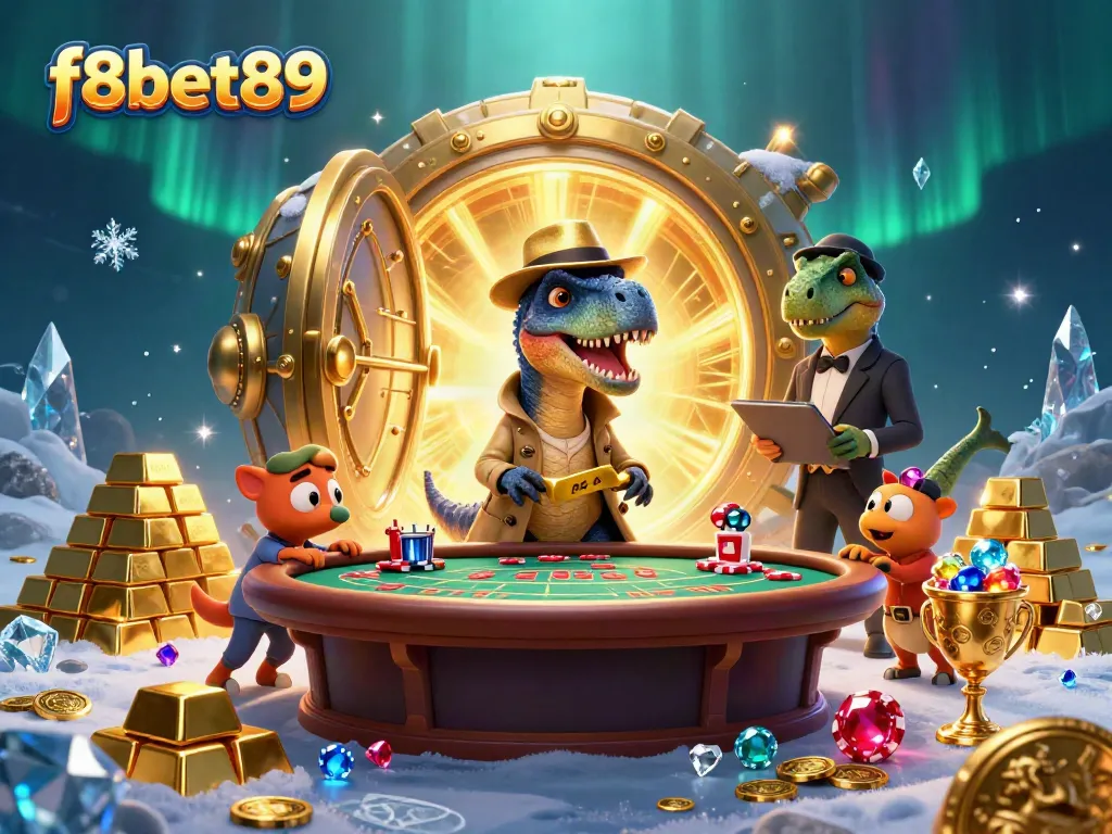 Experience f8bet89 with a velociraptor card counter at a lively blackjack table, treasure around them.