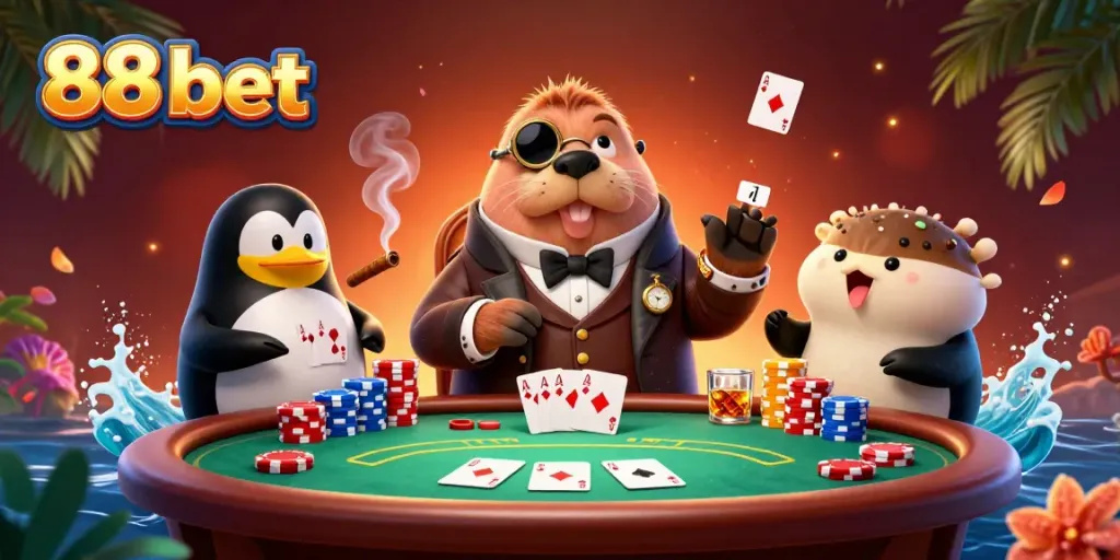 Experience thrilling poker with 88 bet in this vibrant underwater casino battle.