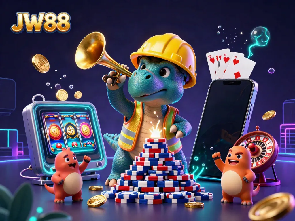 JW88 triceratops building poker chip pyramid with colorful slot game elements in a vibrant casino-themed scene.