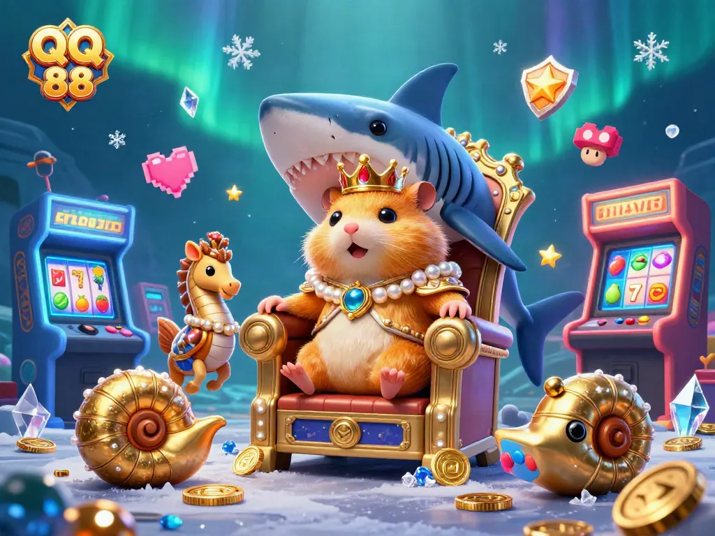 Engage with QQ 88's vibrant casino scene featuring a golden hamster king, slot reels, and colorful arcade machines.
