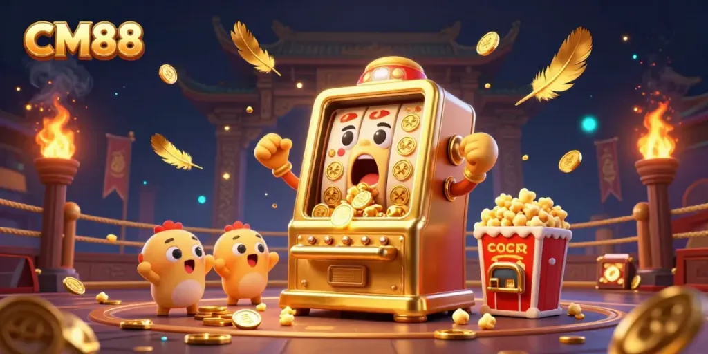 CM88 golden slot machine hits jackpot, surrounded by cheering baby slots and golden kernels in festive gaming atmosphere.