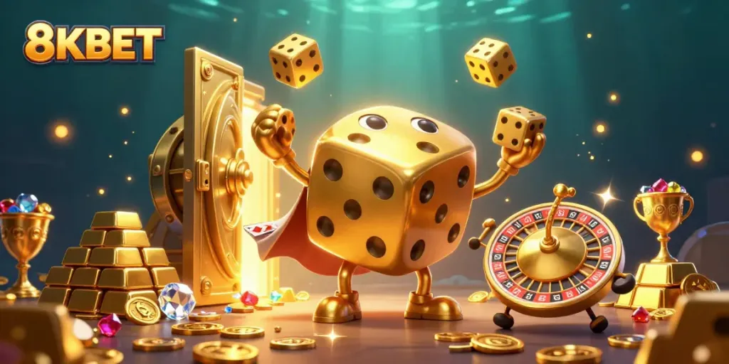 Experience the excitement of winning at 8KBET with a vibrant 3D casino scene full of energy.