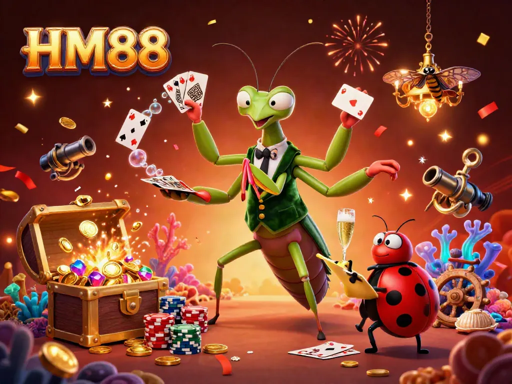 Experience HM88's vibrant gaming world with a giant praying mantis card sharp and ladybug pit boss celebrating in a dazzling casino.