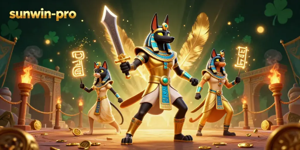Engage in thrilling casino action with sunwin-pro featuring Anubis and Bastet amid vibrant gaming elements.