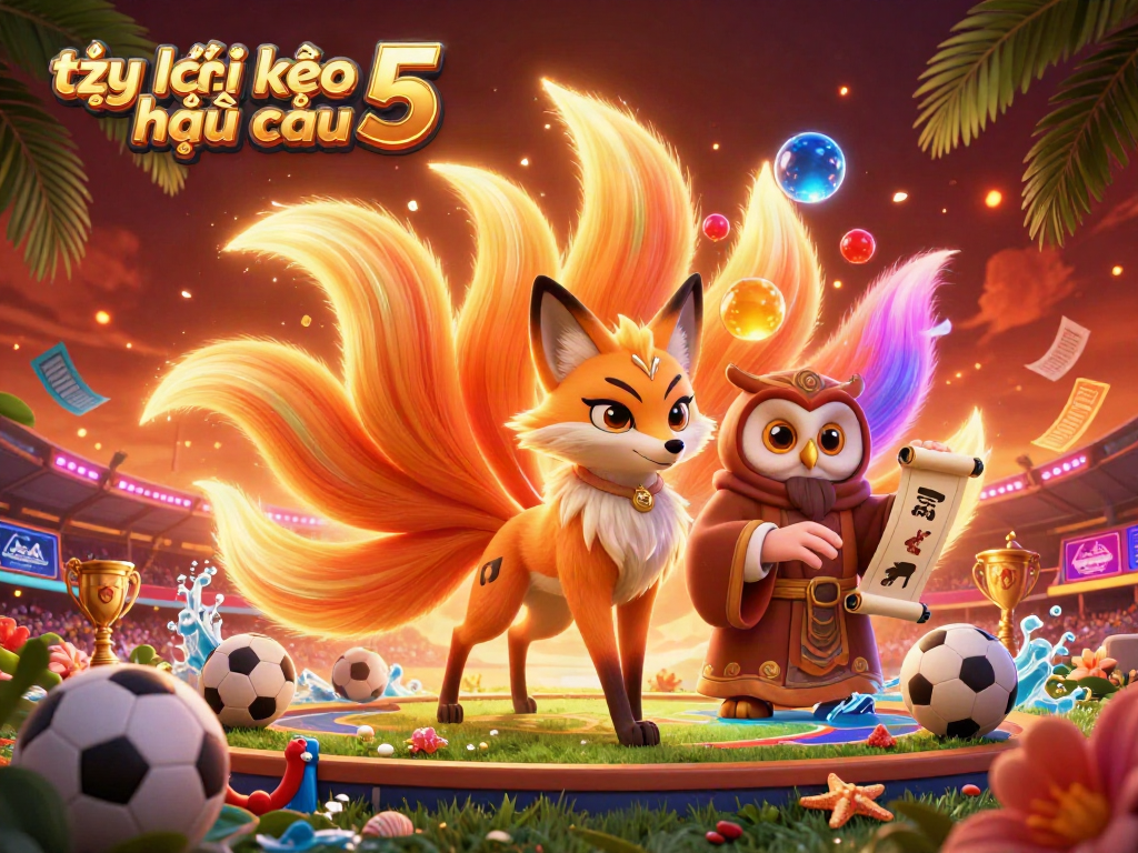 Engage in sports betting with tỷ lệ kèo nhà cái 5 illustrated by a vibrant nine-tailed fox spirit.