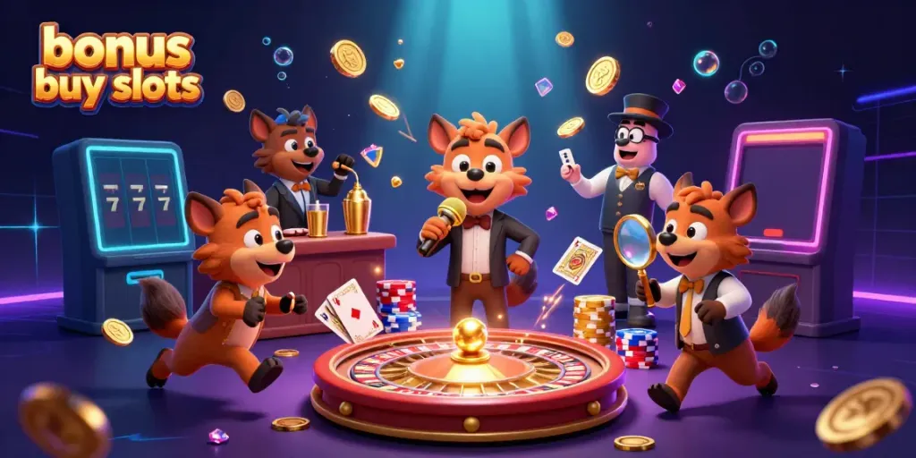 Hyena-themed casino club scene showcasing bonus buy slots atmosphere with lively characters, golden coins, and vibrant treasures.