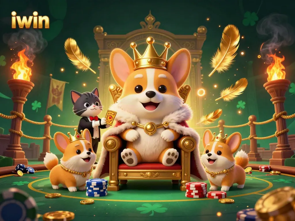 iwin royal corgi with golden crown on poker chip throne in an ornate casino scene.