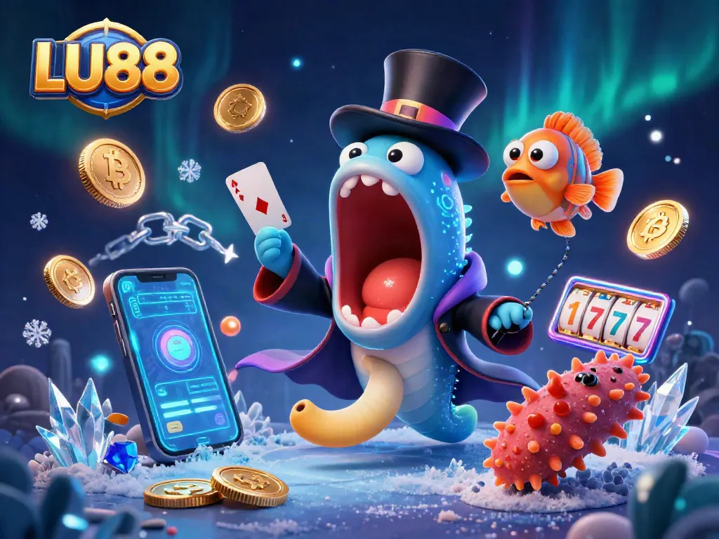 Exciting LU88 casino-themed illustration showing bioluminescent eel magician, anglerfish spotlight, and sea cucumber magic.