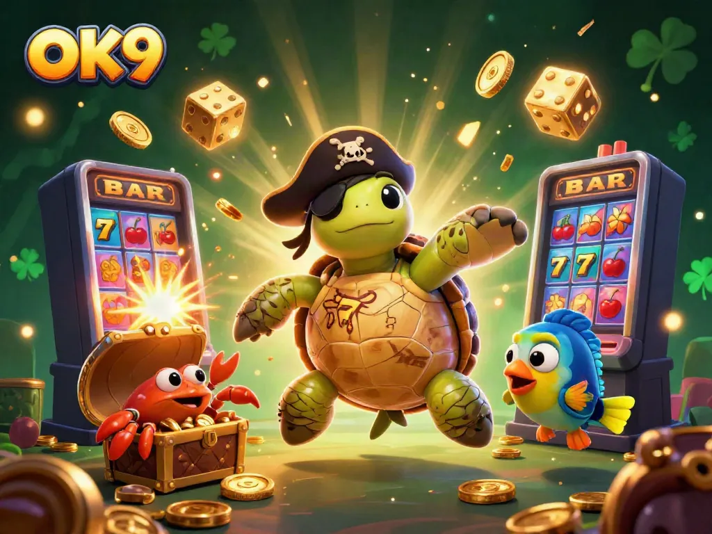 Engage in exciting gameplay at OK9 with our thrilling 3D animated pirate turtle and vibrant casino elements.