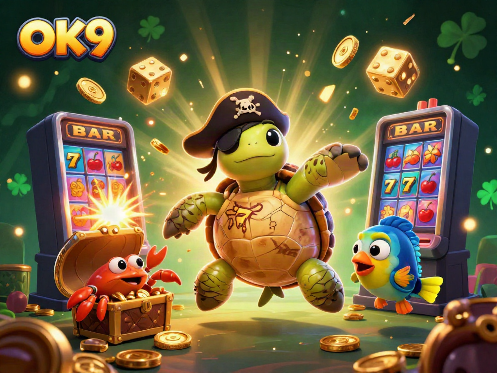 Engage in exciting gameplay at OK9 with our thrilling 3D animated pirate turtle and vibrant casino elements.