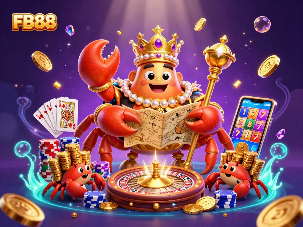 Experience the thrill of FB88 with a golden crab emperor and treasure in an underwater casino.