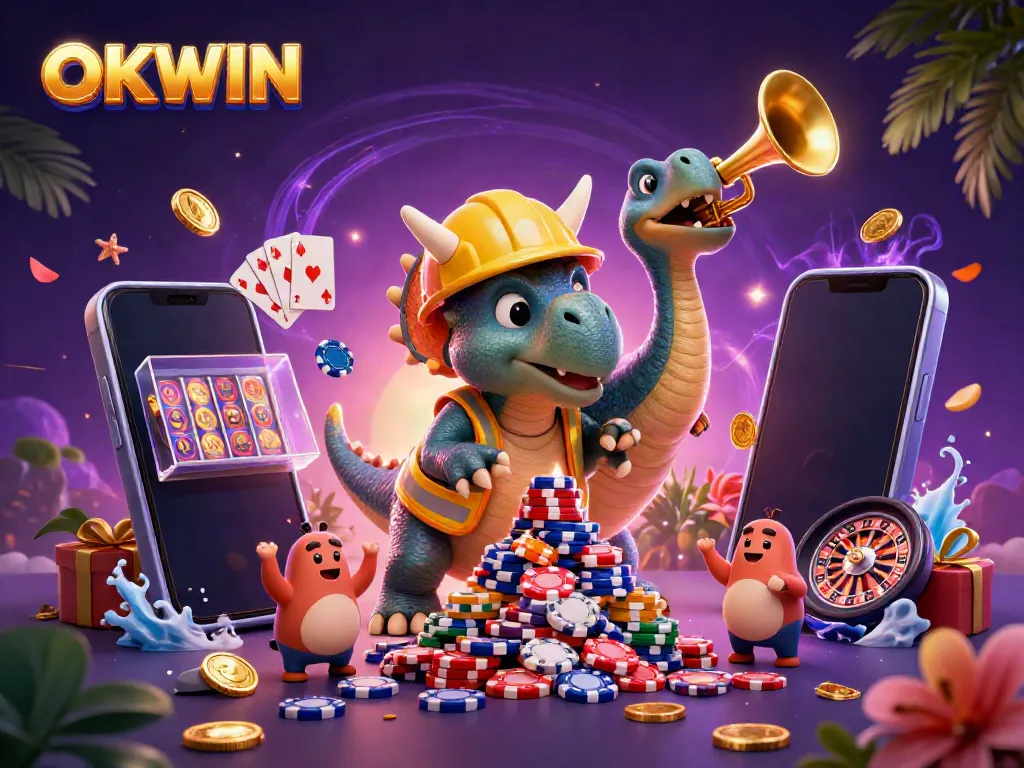 Engage with the vibrant world of OKWIN as a 3D triceratops builds poker chip pyramids amidst celebrating characters in a dynamic casino scene.