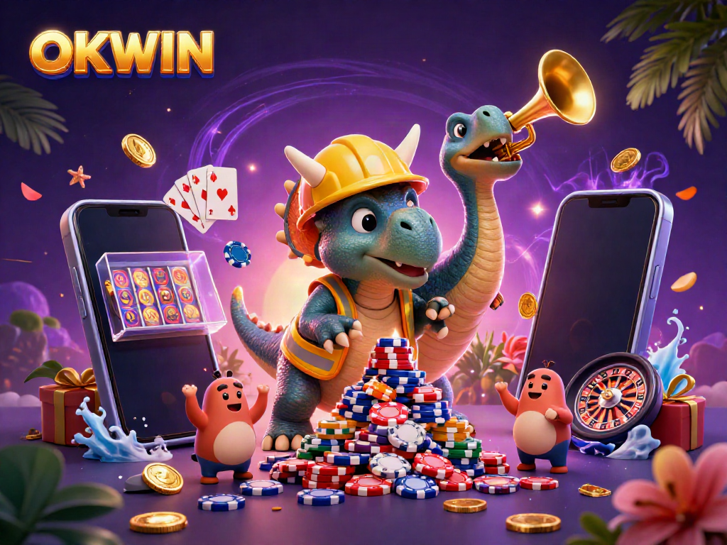 Engage with the vibrant world of OKWIN as a 3D triceratops builds poker chip pyramids amidst celebrating characters in a dynamic casino scene.