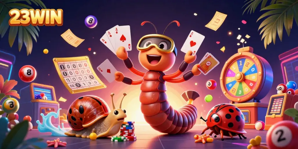 Experience the excitement of 23WIN with colorful gambling elements and animated characters enhancing your gaming.