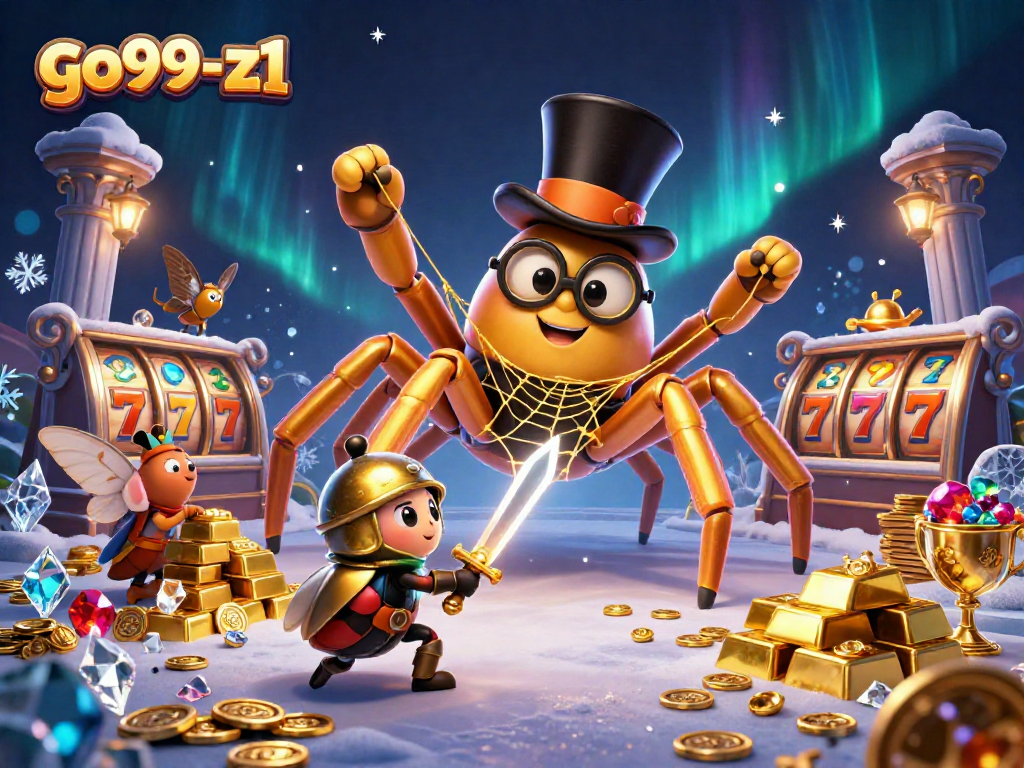 Engage with go99-z1: Witness a captivating scene of a golden tarantula, beetle knight, and slot reels.