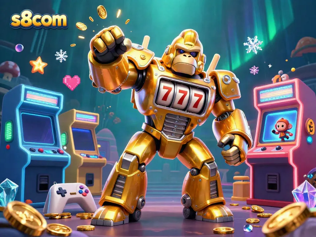 Experience vibrant gaming action with s8com's golden gorilla slot mech in a dynamic casino scene.