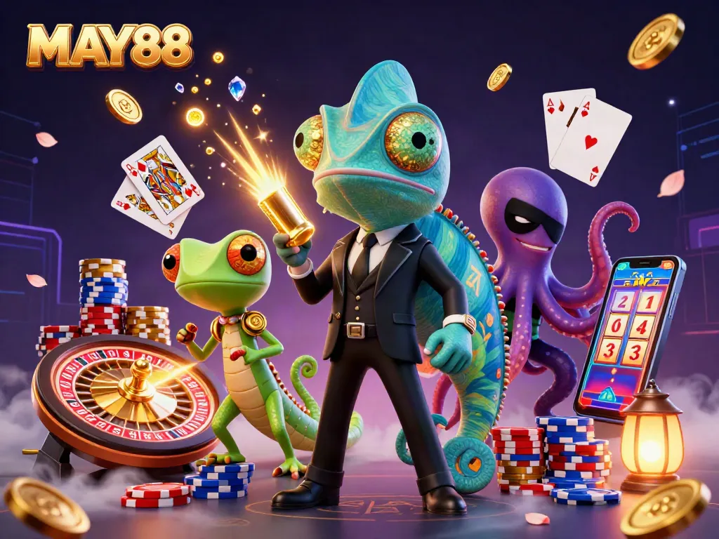 MAY88 showcases thrilling casino action with vibrant characters, dynamic gaming elements, and a mystical atmosphere.