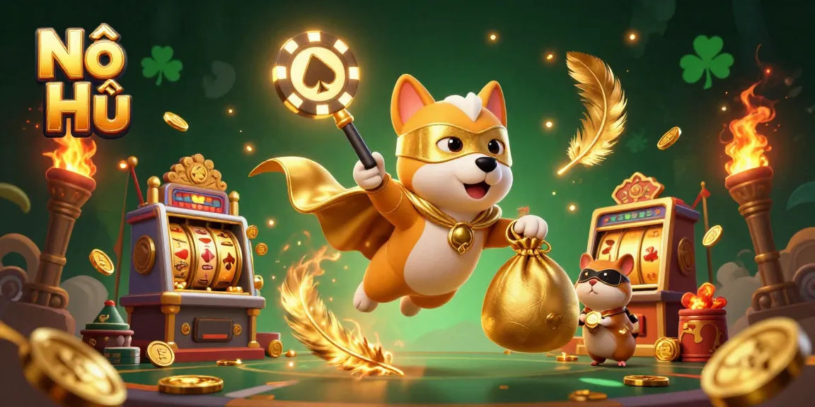 Experience exciting Nổ Hũ gameplay with colorful 3D superhero dog and hamster amid vibrant betting elements.