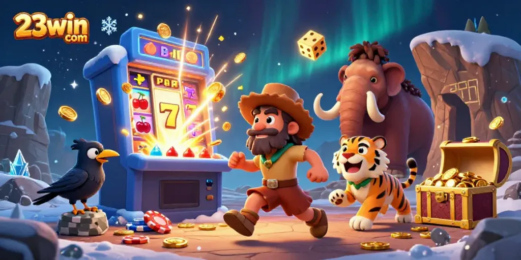 Experience excitement at 23win com with a vibrant prehistoric casino scene featuring fun characters and game elements.
