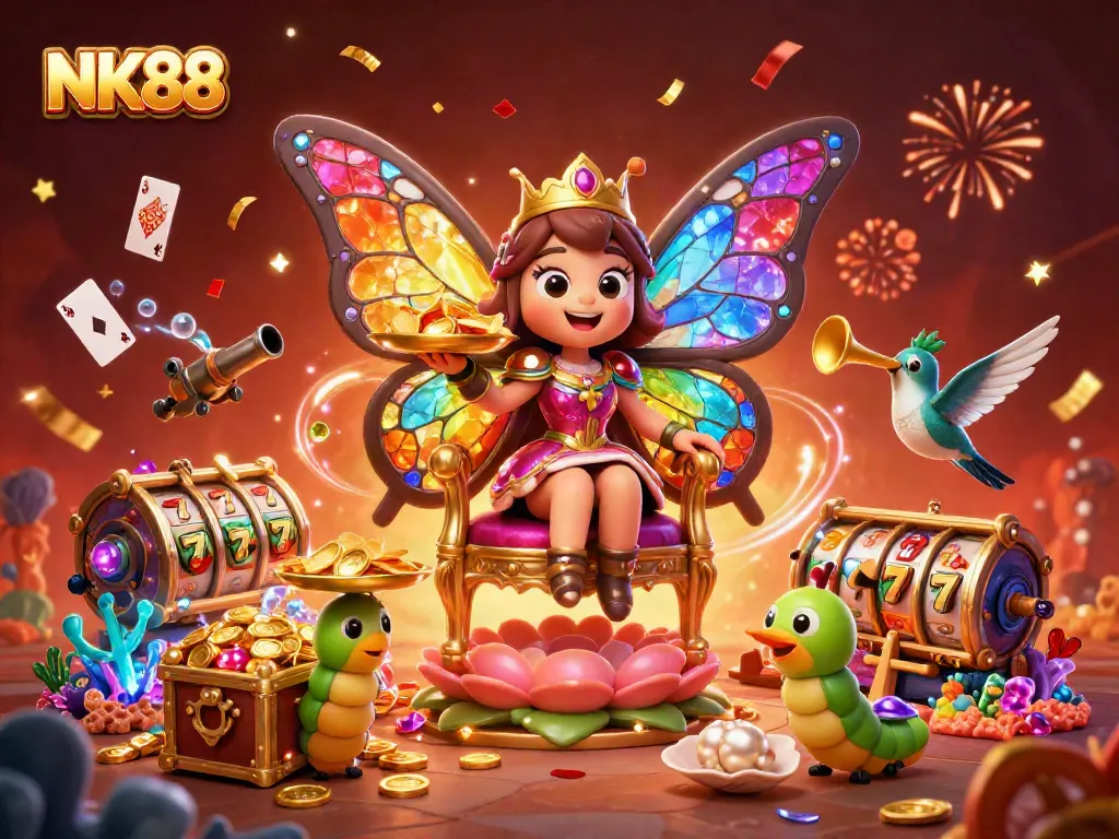 Experience exciting gaming adventures at NK88 with vibrant slot reels and lively characters.