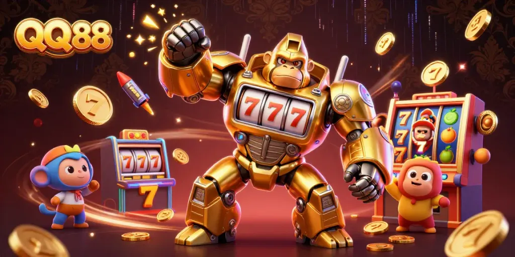 QQ 88 showcases an epic 3D golden gorilla mech from slot machines defeating odds in a vibrant casino scene.