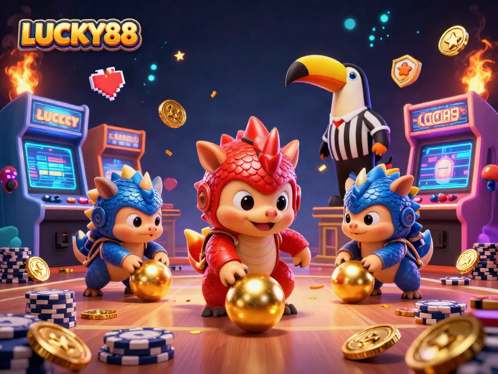 LUCKY88 pangolins compete in a fun casino scene, bowling through poker chips and glowing arcade machines.