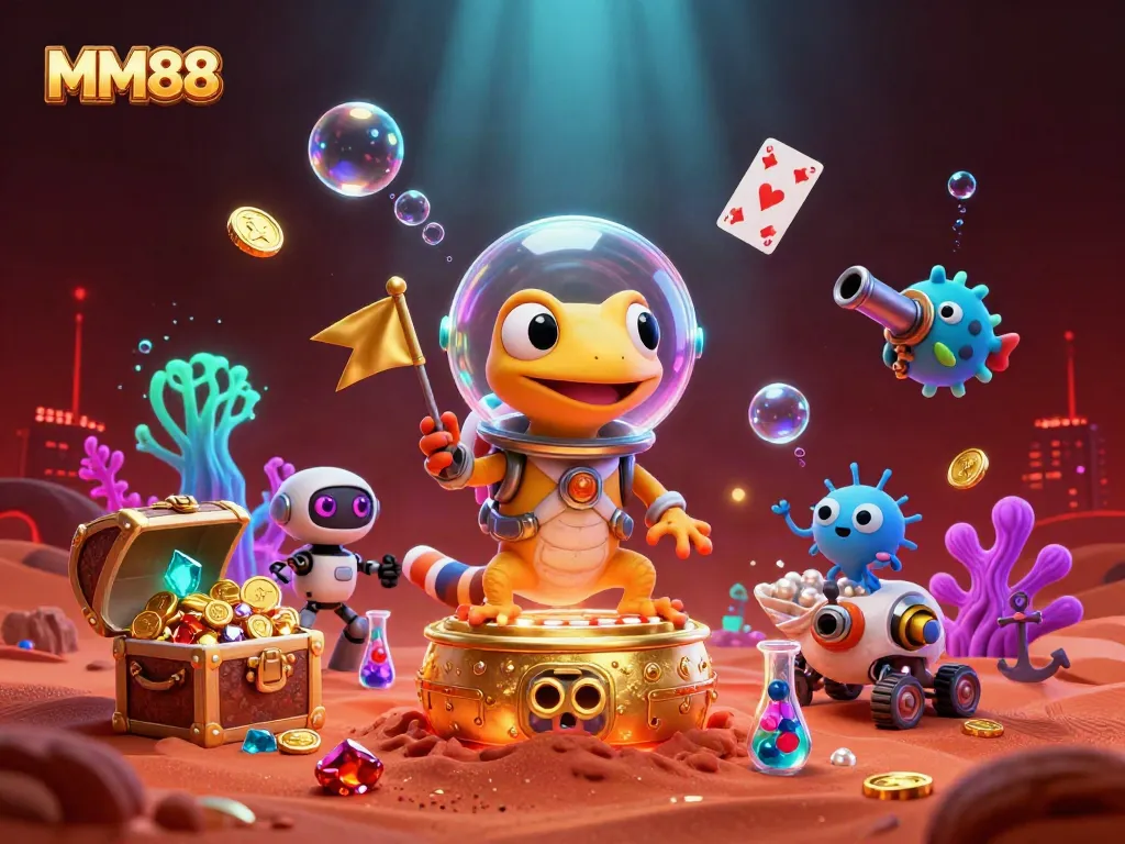 Experience MM88's thrilling casino adventure with a Martian gecko at a golden casino!