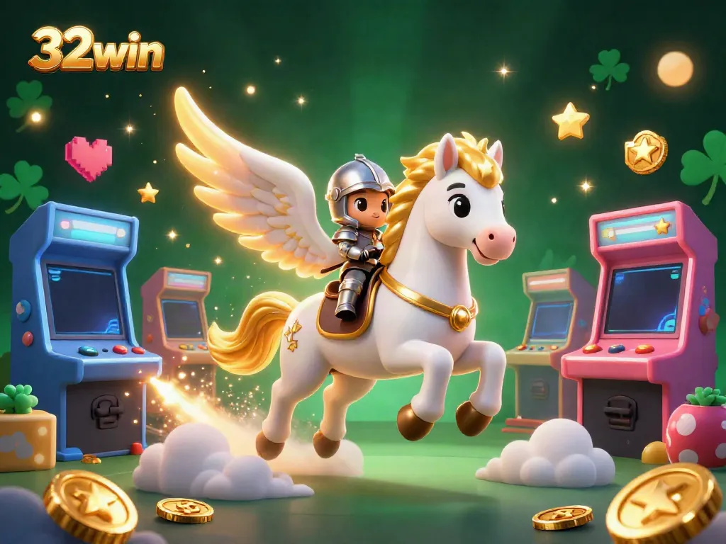 Engage with the world of 32win as a celestial horse and knight conquer the vibrant gambling universe.