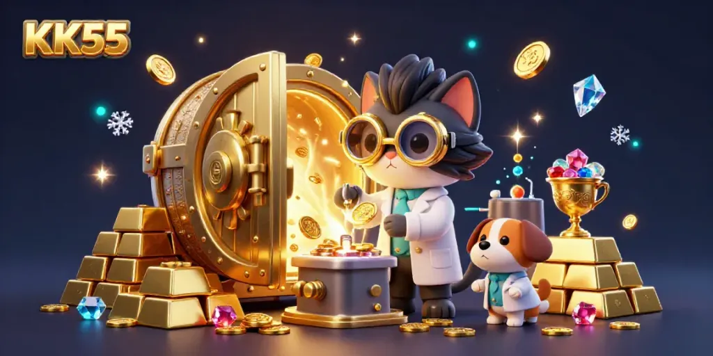 Experience vibrant KK55 casino visuals with a mad scientist cat and dog creating gold coins in a dazzling lab.