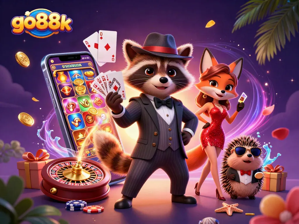 Engage with go88k at this vibrant casino scene showcasing plush characters and colorful game elements.