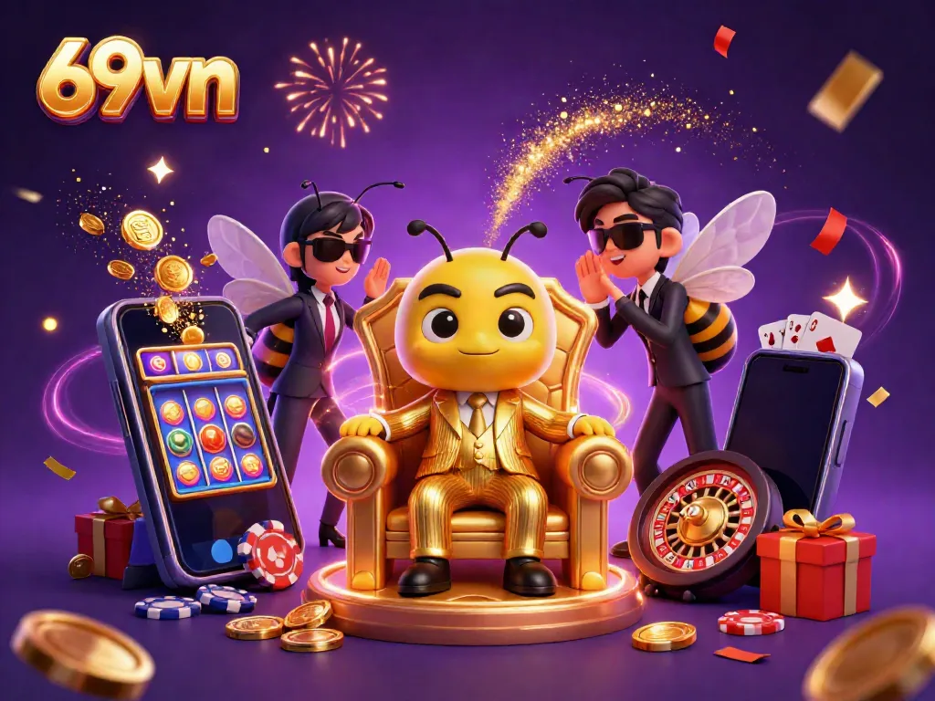 Experience the excitement of 69vn casino gaming with a vibrant scene of animated characters and slot games.