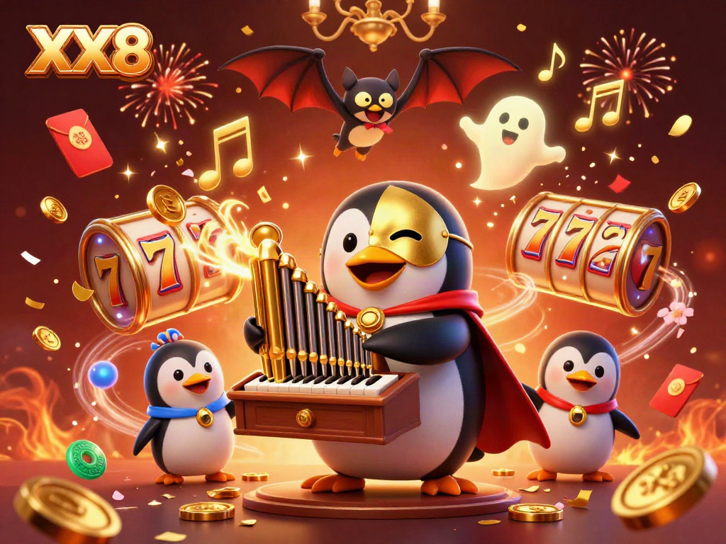 Engaging XX8 casino character illustration with 3D penguin and bat, showcasing exciting slot games.